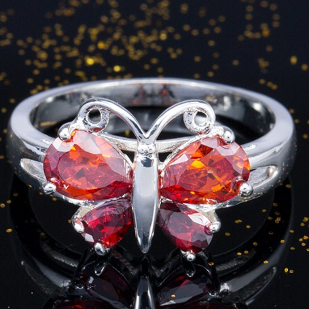 💎925 Silver Plated Ruby Red Sapphire CZ Cute Butterfly Ring, GPMB1473